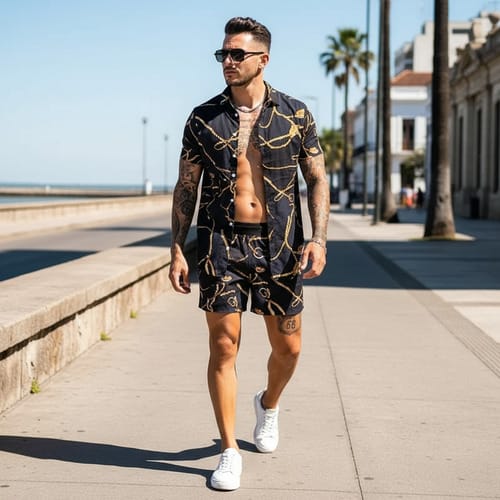 Conjunto hombre camisa y short detalle dorado